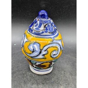 Mexican Talavera Pottery Hand Painted Salt Pepper Shaker Blue Yellow Floral 3.5"